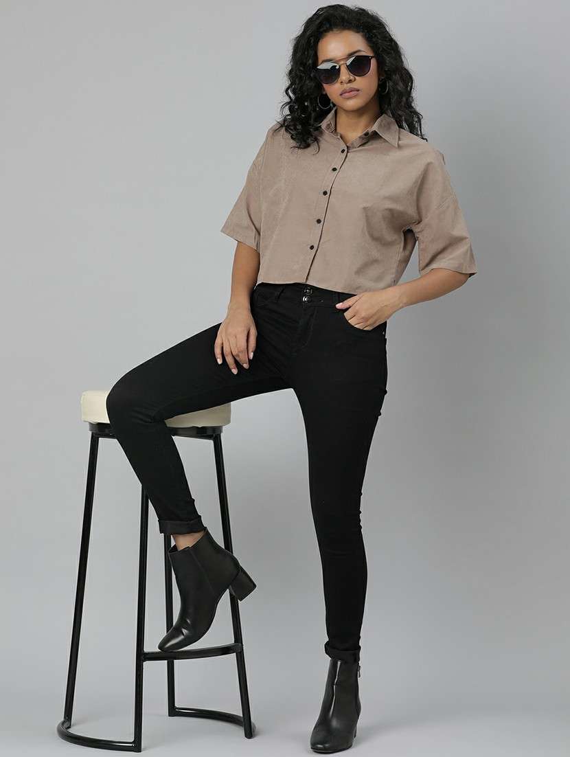 women taupe solid crop shirt - 20610513 -  Standard Image - 4
