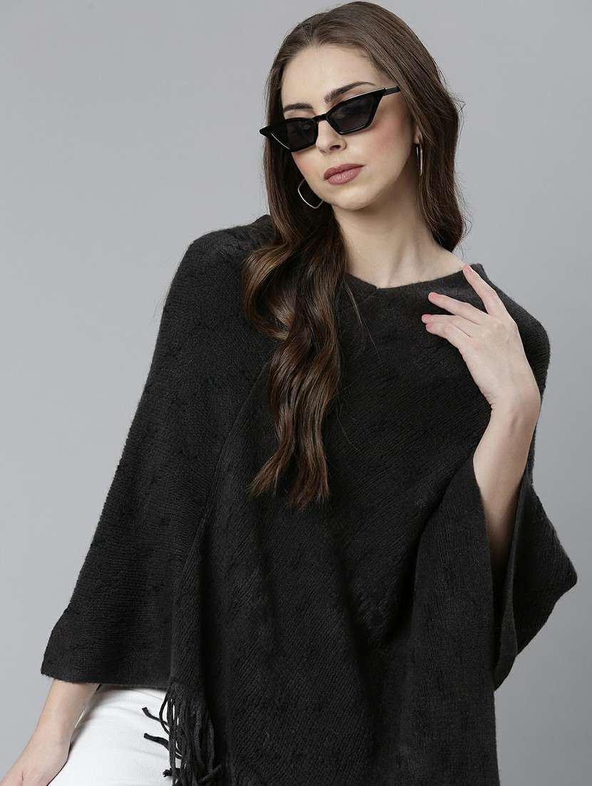 women grey self designed poncho - 20610558 -  Standard Image - 4