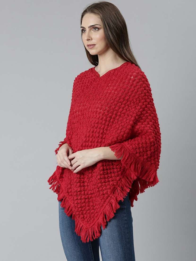 women red self designed poncho - 20610560 -  Standard Image - 1
