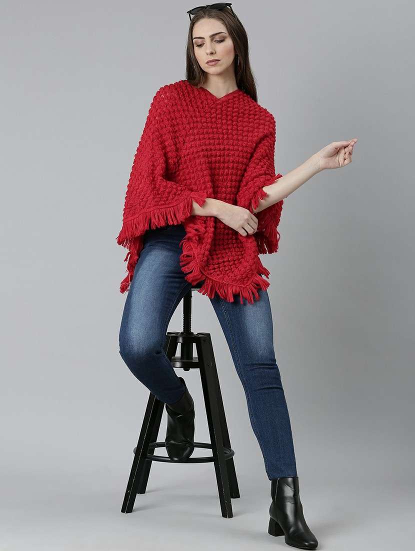 women red self designed poncho - 20610560 -  Standard Image - 4