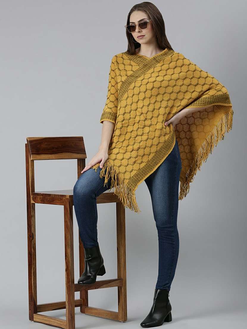 women mustard self designed poncho - 20610561 - Standard Image - 4