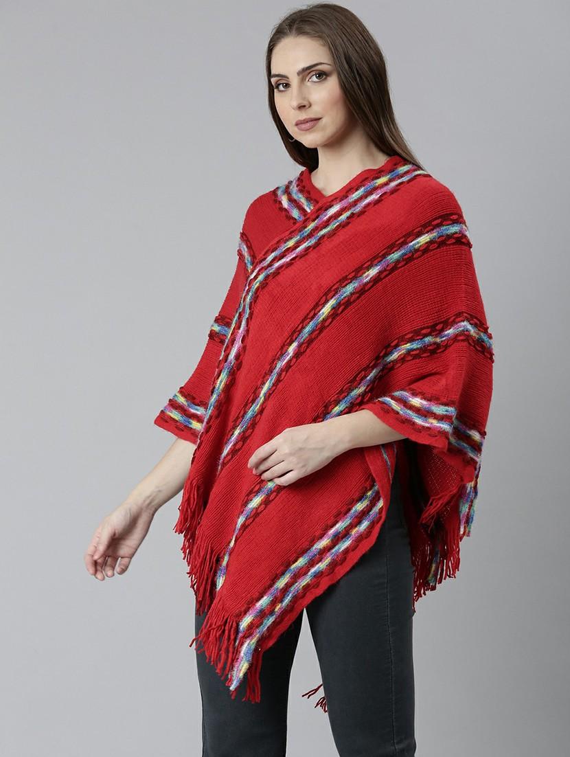 women red self designed poncho - 20610566 -  Standard Image - 1