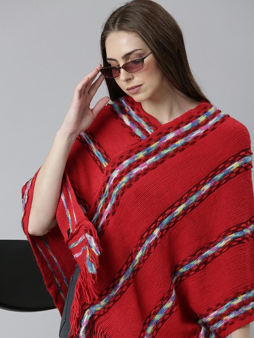 women red self designed poncho - 20610566 - Standard Image - 4