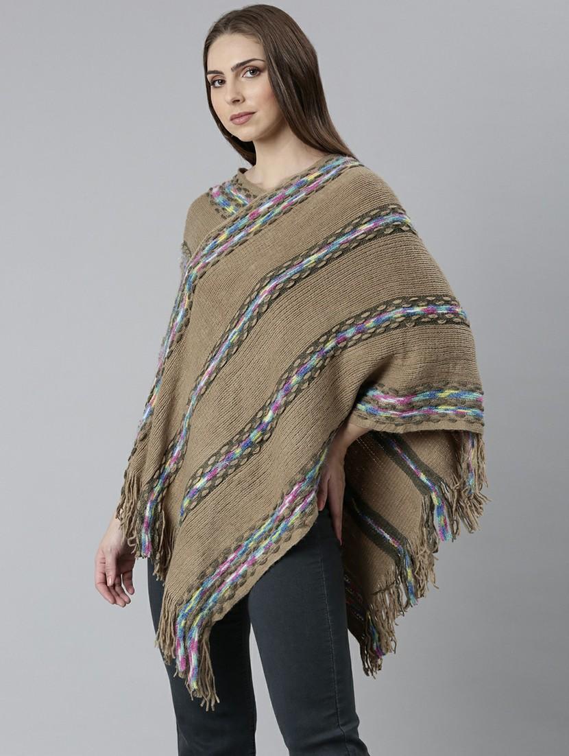 women khaki self designed poncho - 20610567 - Standard Image - 1