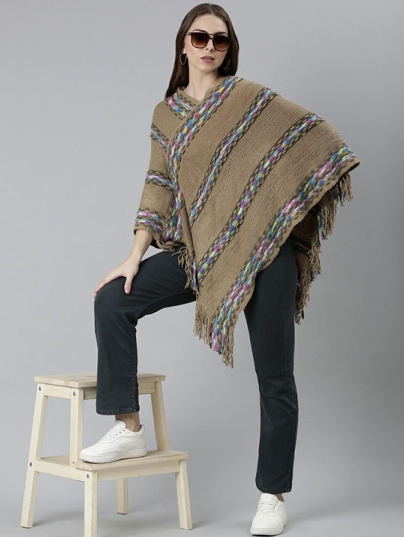 women khaki self designed poncho - 20610567 - Standard Image - 4
