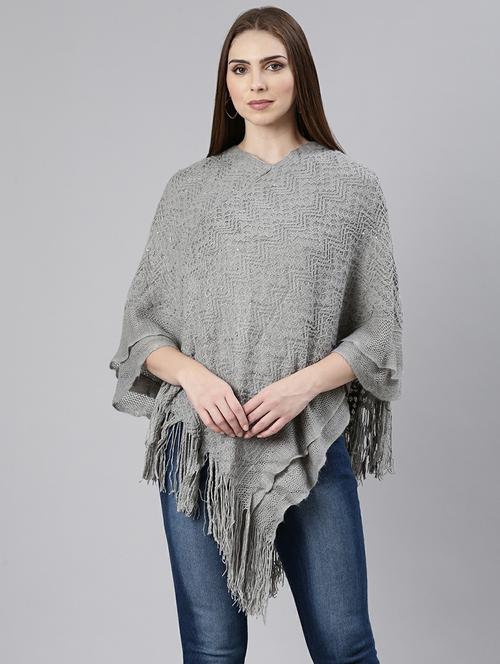 women grey self designed poncho - 20610568 - Standard Image - 0