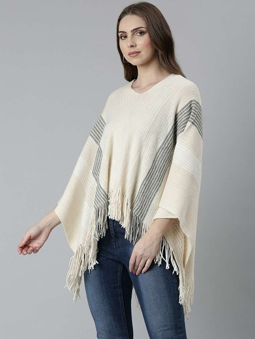 women cream self designed poncho - 20610575 -  Standard Image - 1