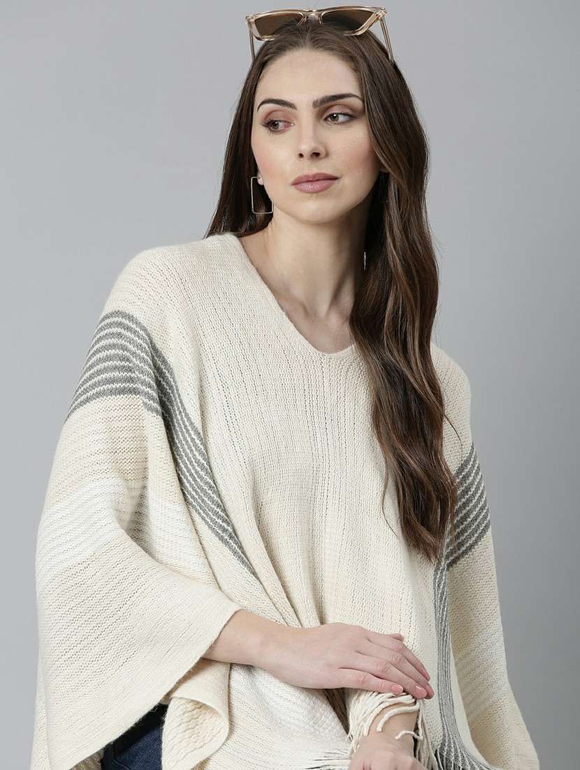 women cream self designed poncho - 20610575 -  Standard Image - 4