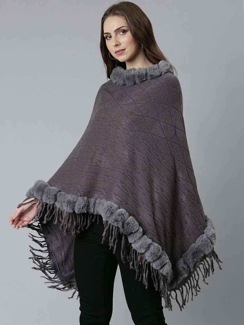 women grey self designed poncho - 20610595 -  Standard Image - 1
