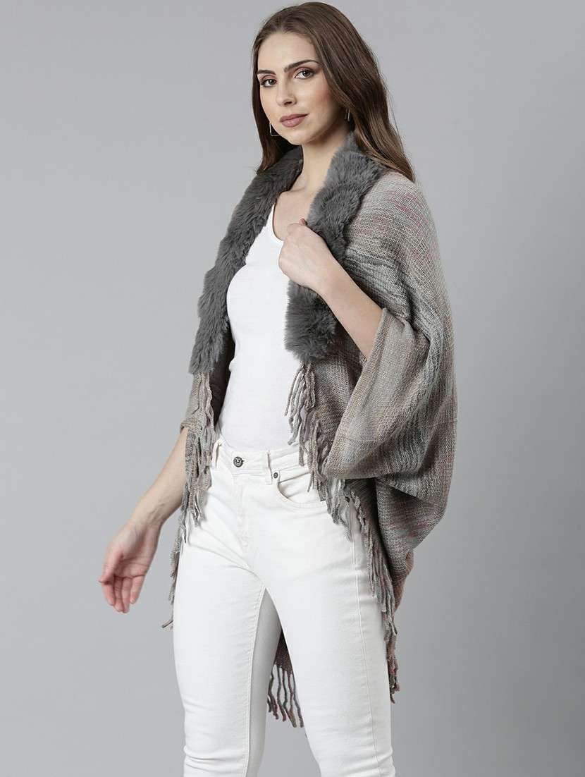 women grey collarless acrylic poncho - 20610606 -  Standard Image - 1