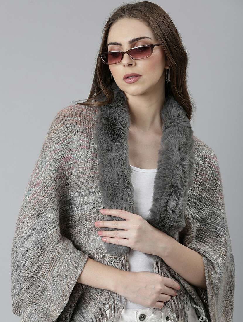 women grey collarless acrylic poncho - 20610606 -  Standard Image - 4