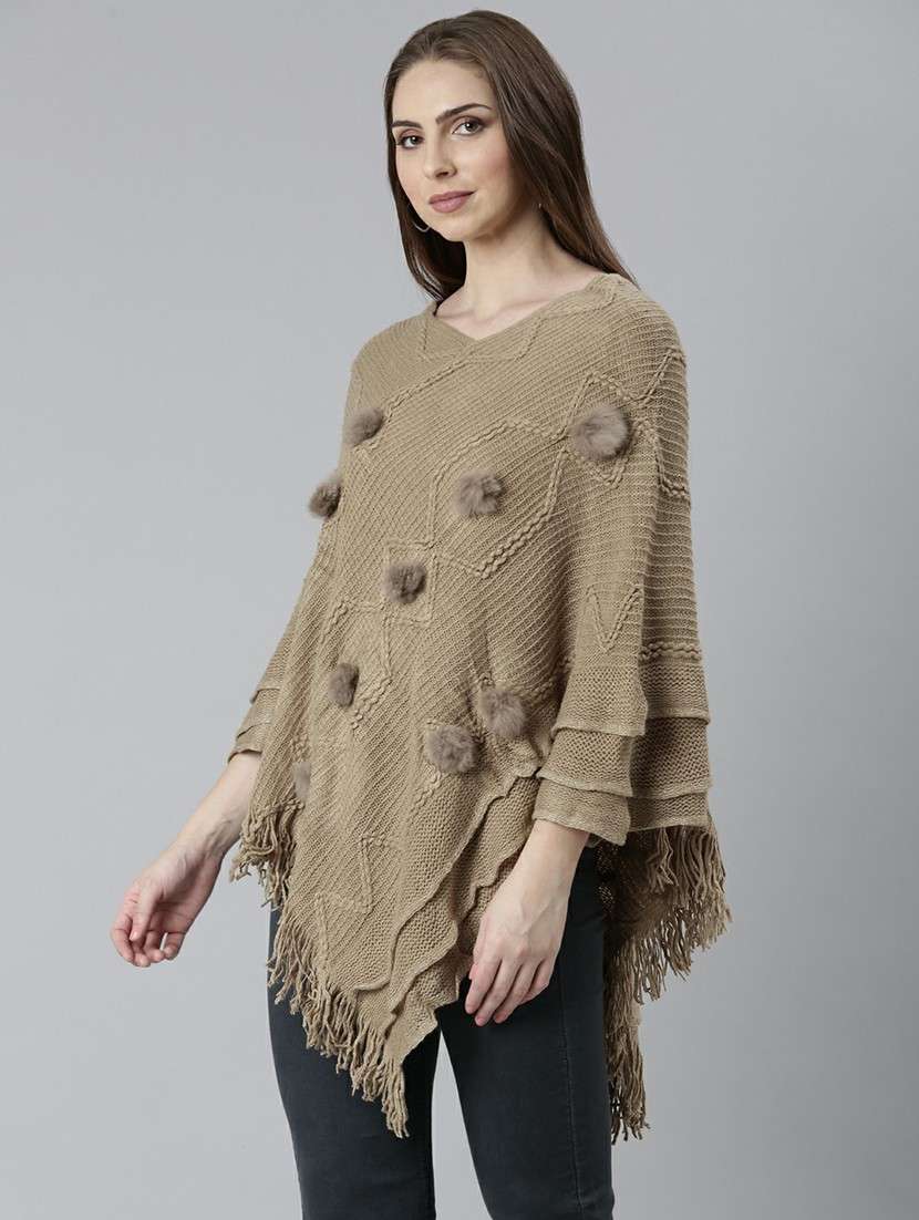 women khaki acrylic poncho - 20610620 -  Standard Image - 1