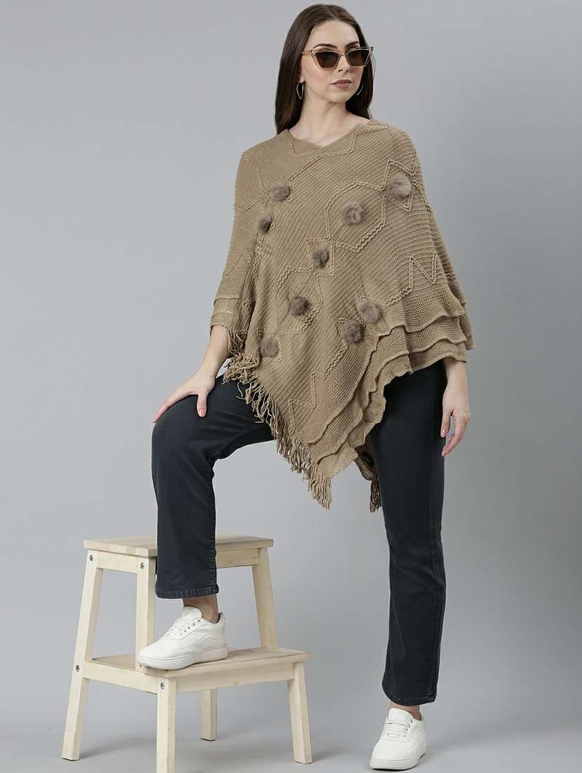 women khaki acrylic poncho - 20610620 -  Standard Image - 4
