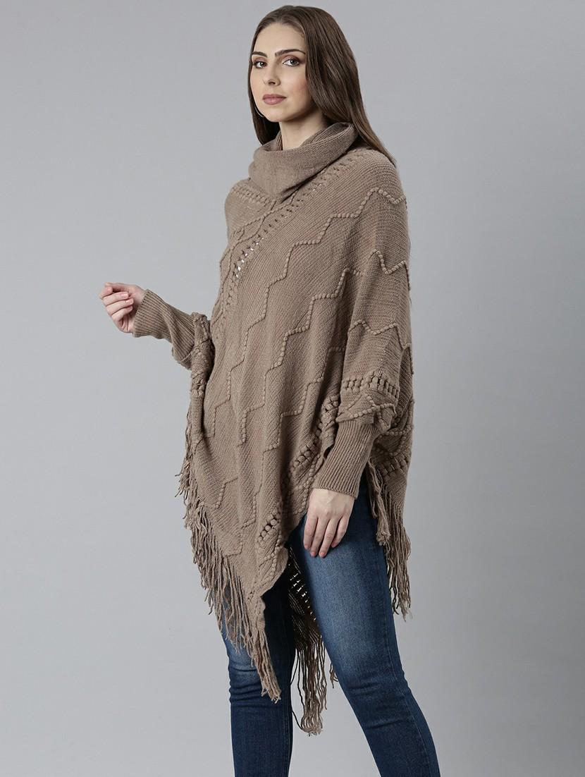 women taupe cowl neck acrylic poncho - 20610622 - Standard Image - 1