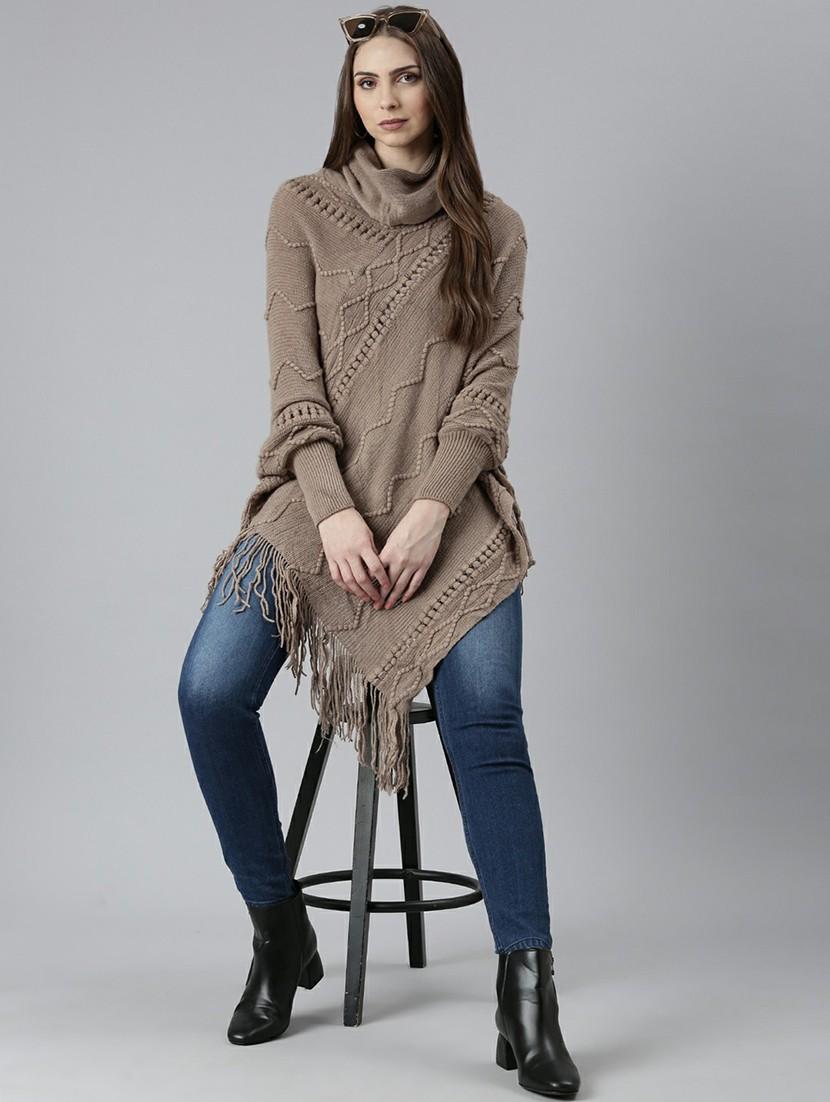 women taupe cowl neck acrylic poncho - 20610622 - Standard Image - 4