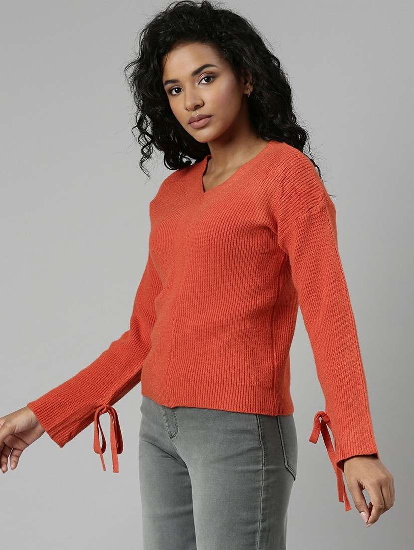 solid orange long sleeves v neck casual top - 20610659 -  Standard Image - 1