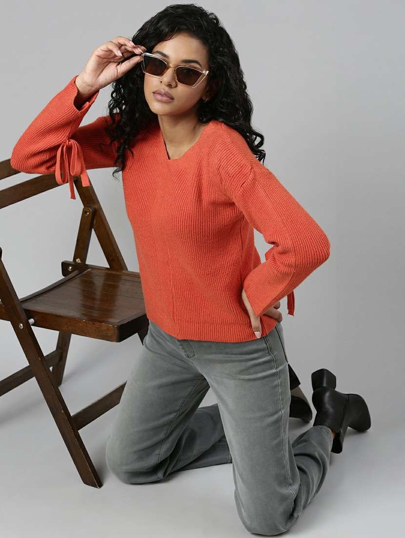 solid orange long sleeves v neck casual top - 20610659 -  Standard Image - 4