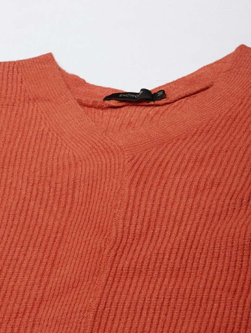 solid orange long sleeves v neck casual top - 20610659 -  Standard Image - 6