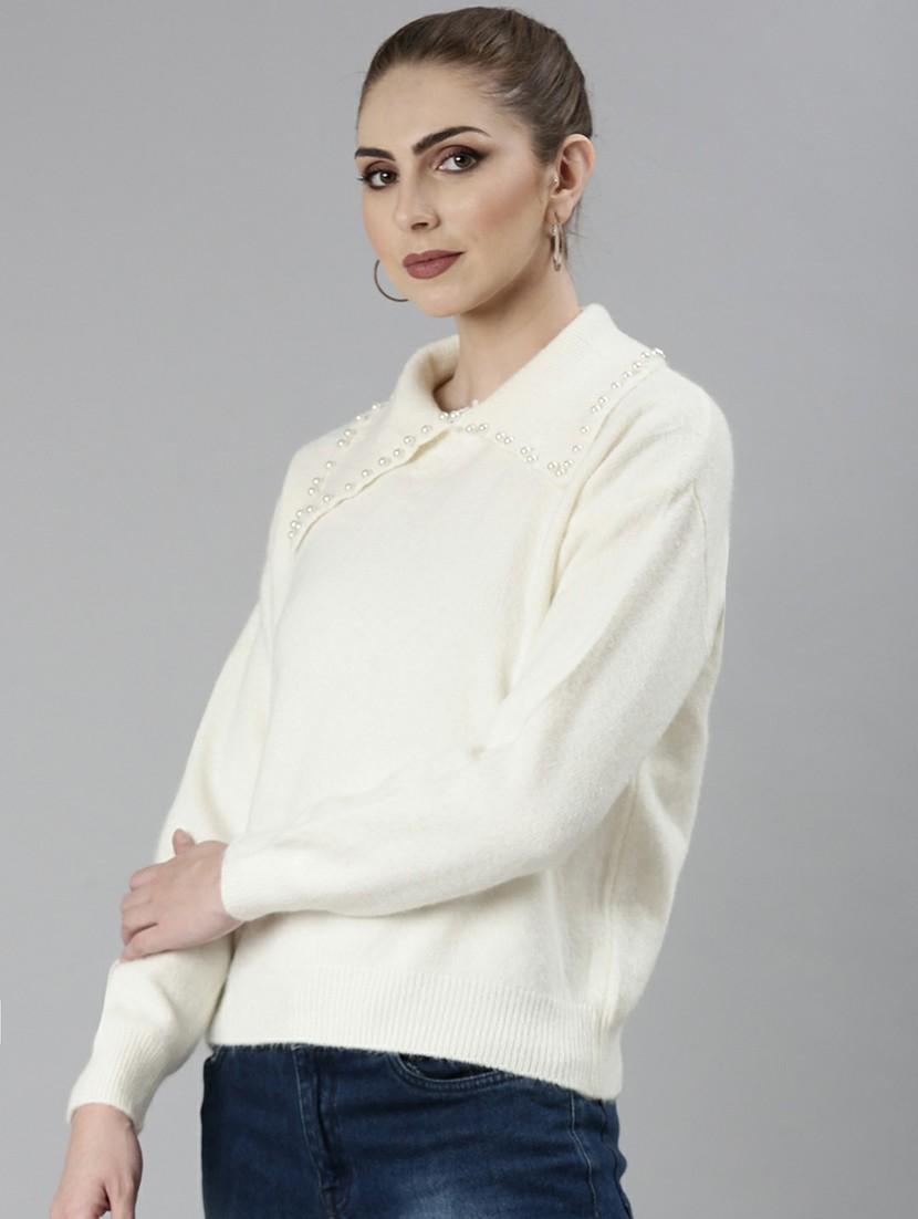 off white collared pearl detailed casual top - 20610667 - Standard Image - 1