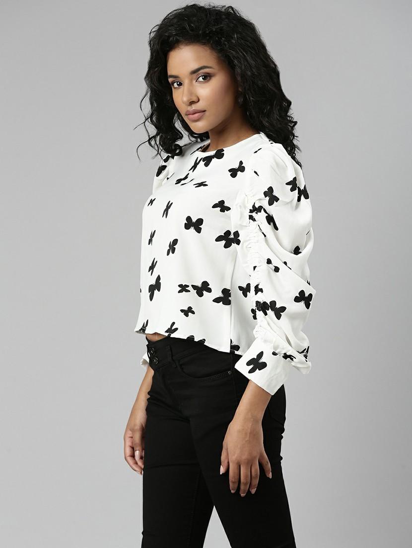 women quirly printed puff sleeves cropped top - 20610670 - Standard Image - 1
