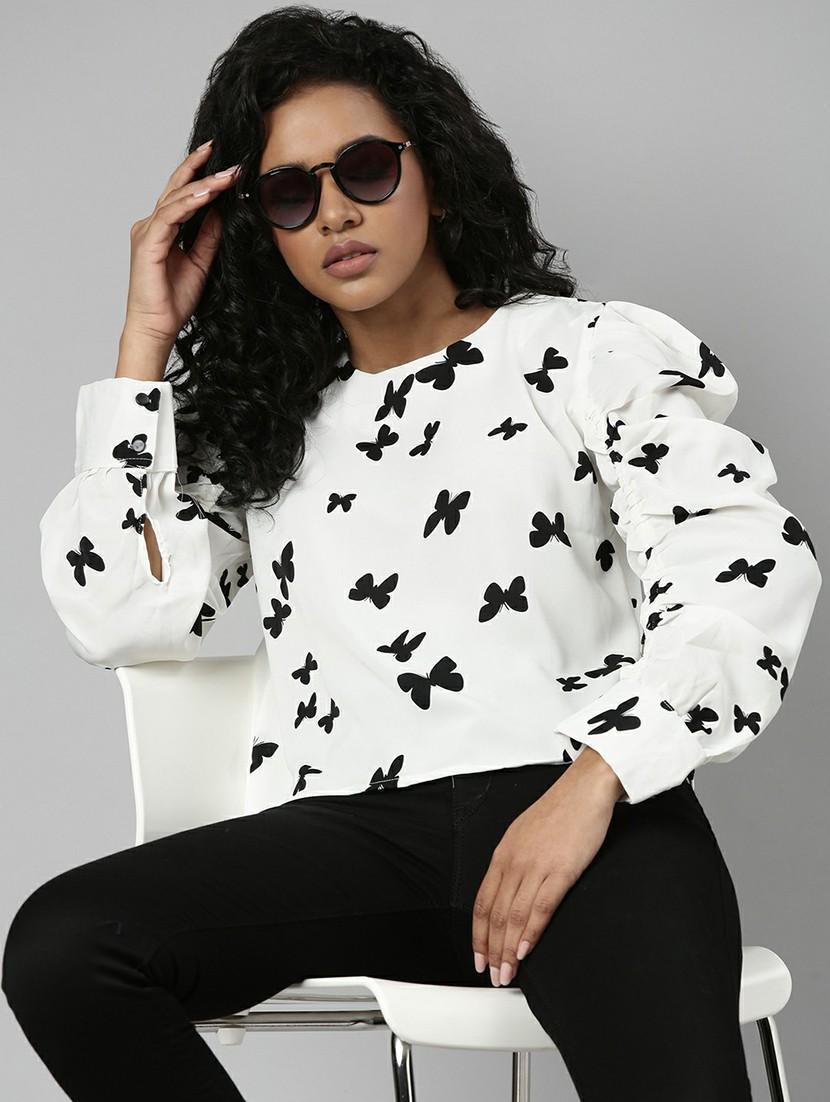 women quirly printed puff sleeves cropped top - 20610670 - Standard Image - 4