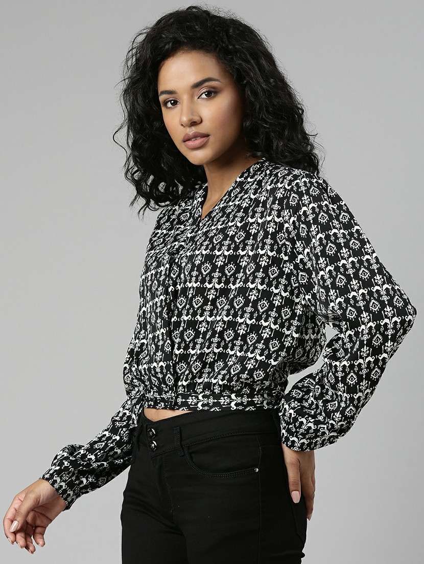 black printed blouson crop top - 20610671 -  Standard Image - 1