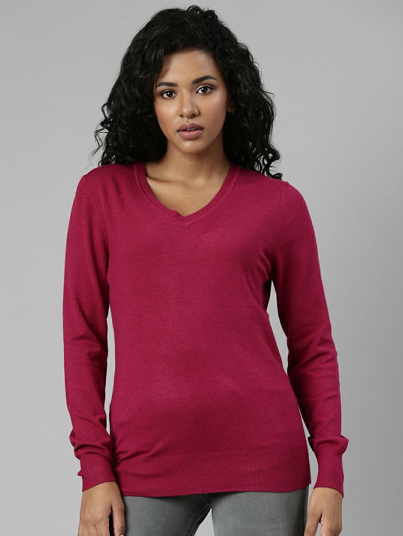 solid pink v neck casual top - 20610672 -  Zoom Image - 0