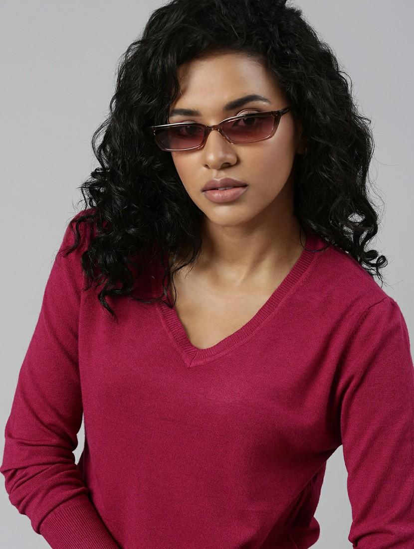solid pink v neck casual top - 20610672 - Standard Image - 4
