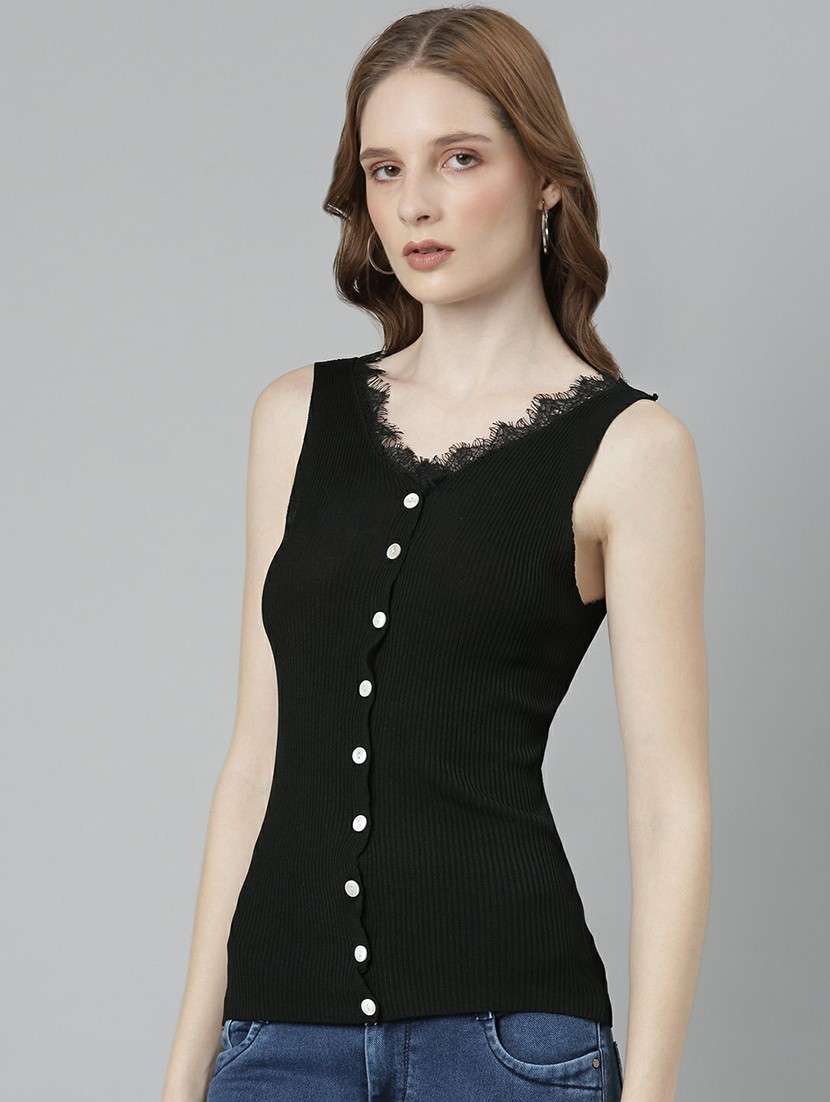 solid black button detailed casual top - 20610676 -  Standard Image - 1