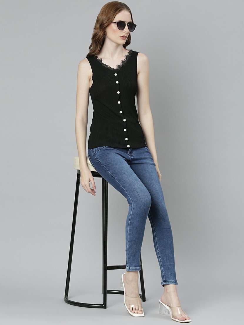 solid black button detailed casual top - 20610676 -  Standard Image - 4