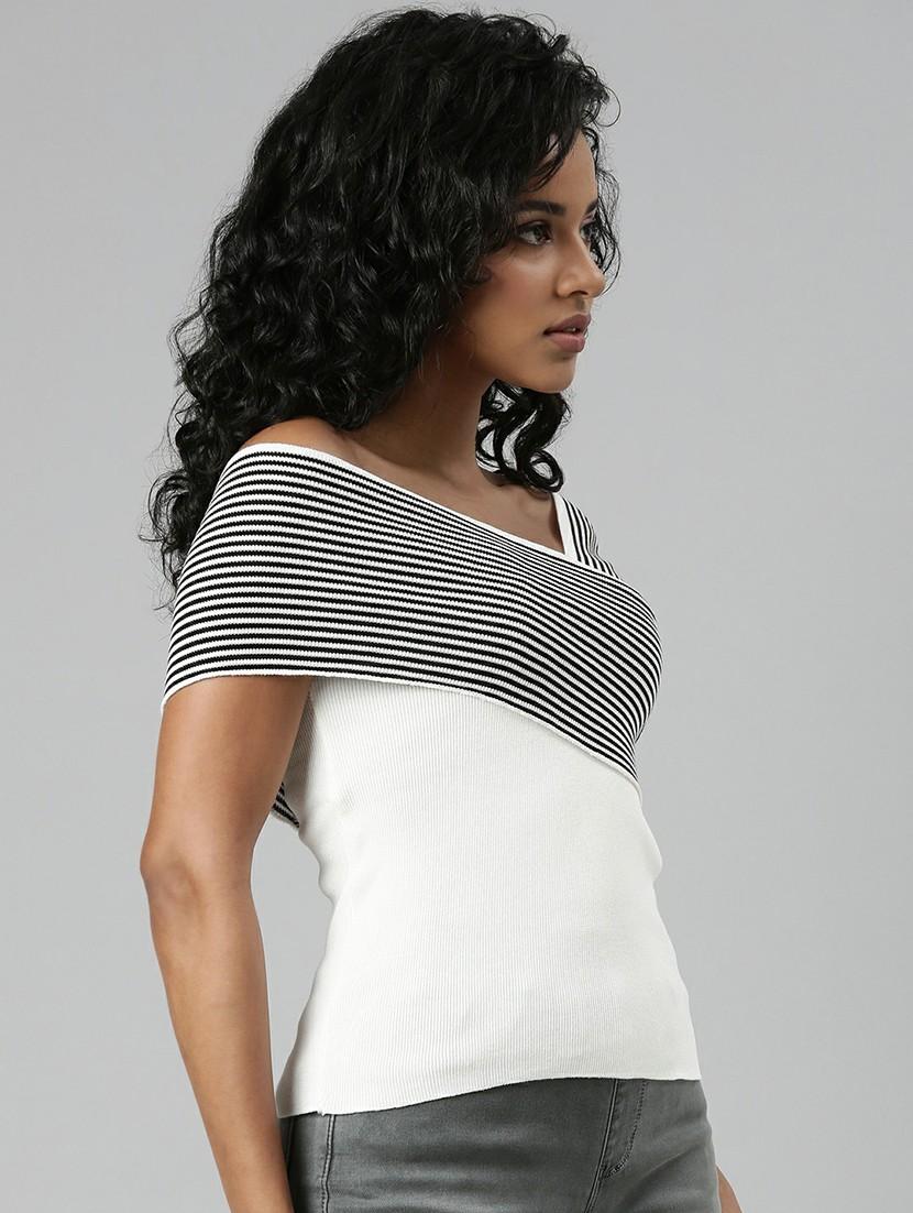 off white striped detailed off shoulder regular top - 20610678 - Standard Image - 1