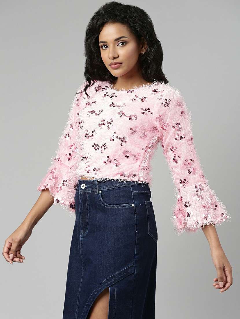 pink sequins detailed casual crop top - 20610679 -  Standard Image - 1