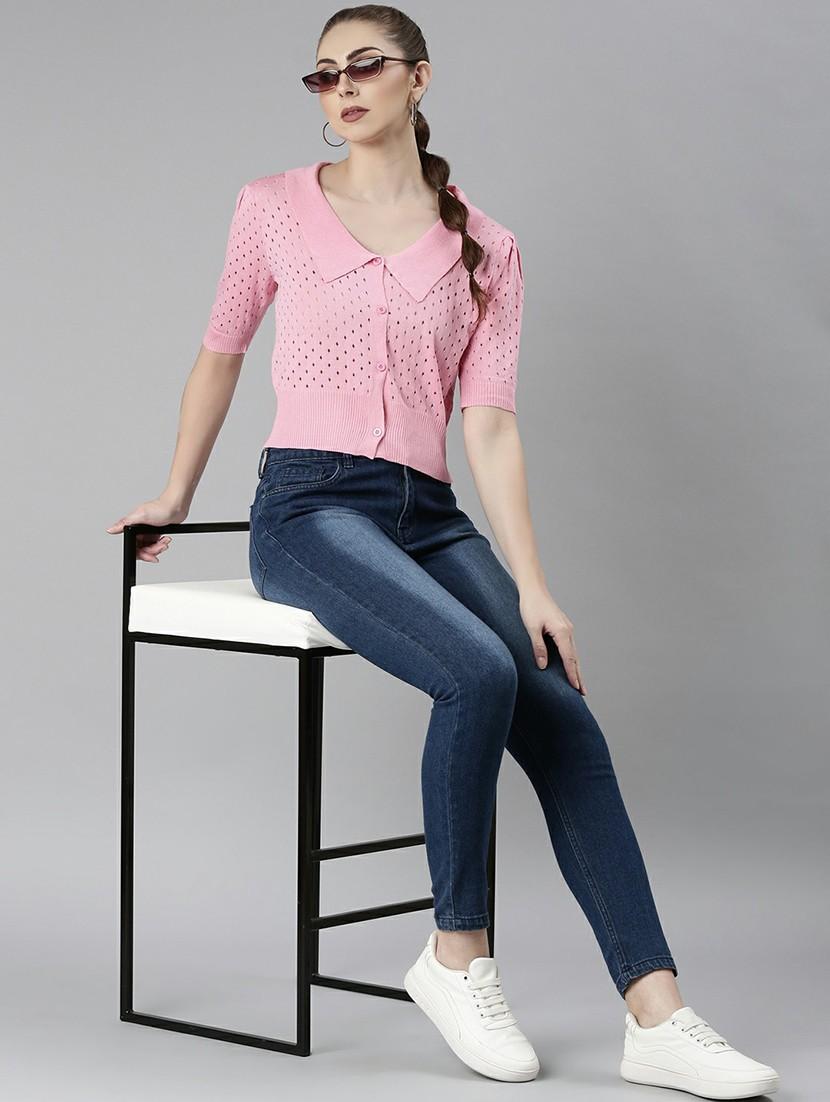 solid pink self design button detailed regular short top - 20610681 - Standard Image - 4