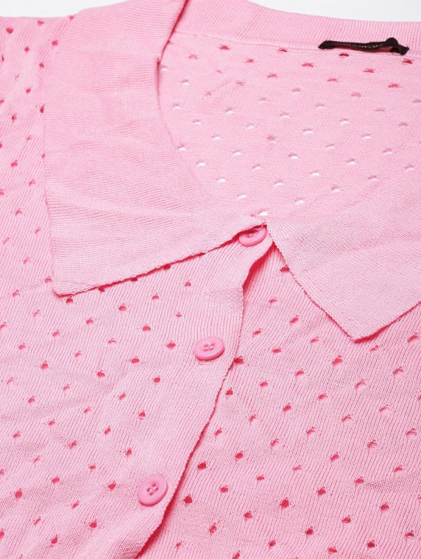 solid pink self design button detailed regular short top - 20610681 - Standard Image - 6