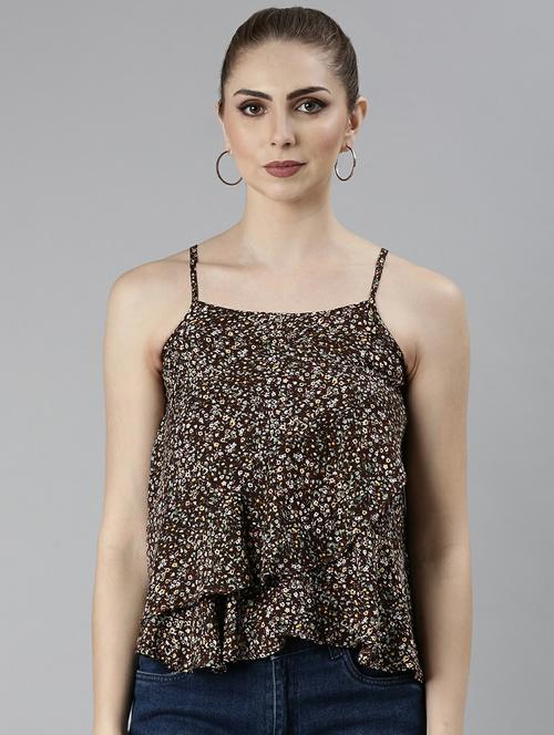 brown floral printed front layered detail casual top - 20610684 -  Standard Image - 0