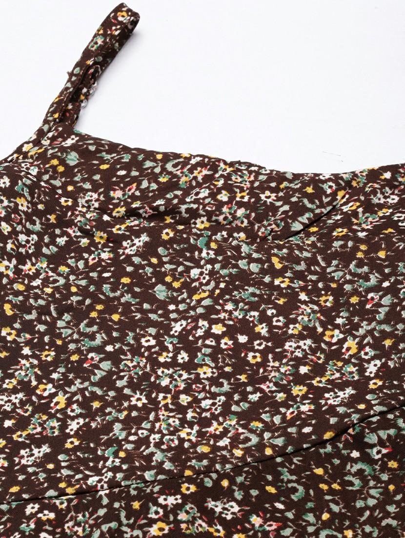 brown floral printed front layered detail casual top - 20610684 - Standard Image - 6