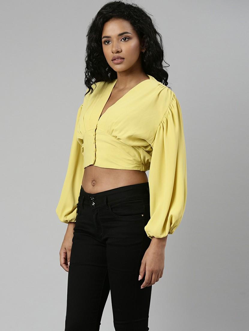 solid yellow blouson crop top - 20610685 - Standard Image - 1
