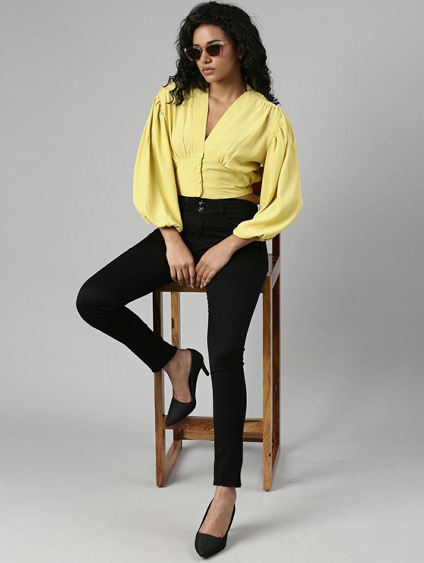 solid yellow blouson crop top - 20610685 - Standard Image - 4