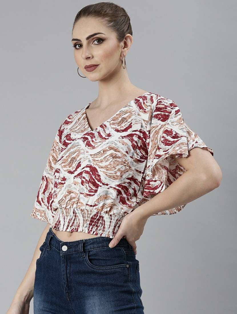 white printed smocked detailed blouson crop top - 20610687 -  Standard Image - 1