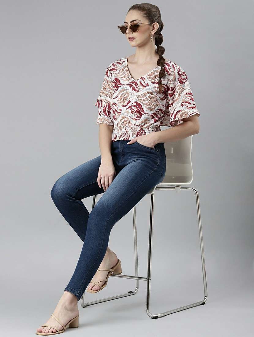 white printed smocked detailed blouson crop top - 20610687 -  Standard Image - 4