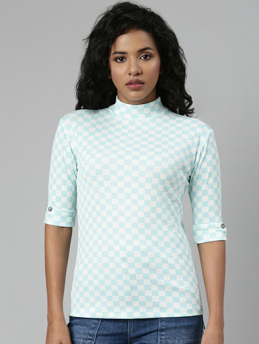 light blue & white checked high neck casual top - 20610692 -  Zoom Image - 0