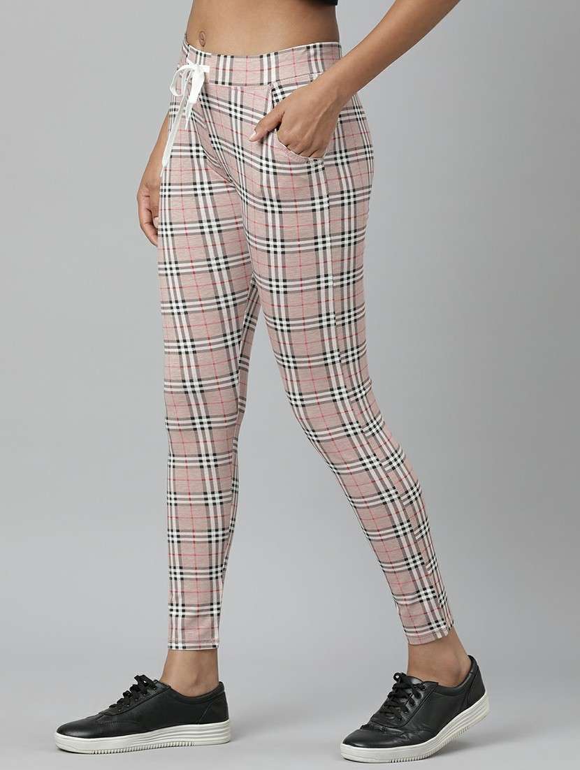 women high rise checkered track pant - 20610708 -  Standard Image - 1