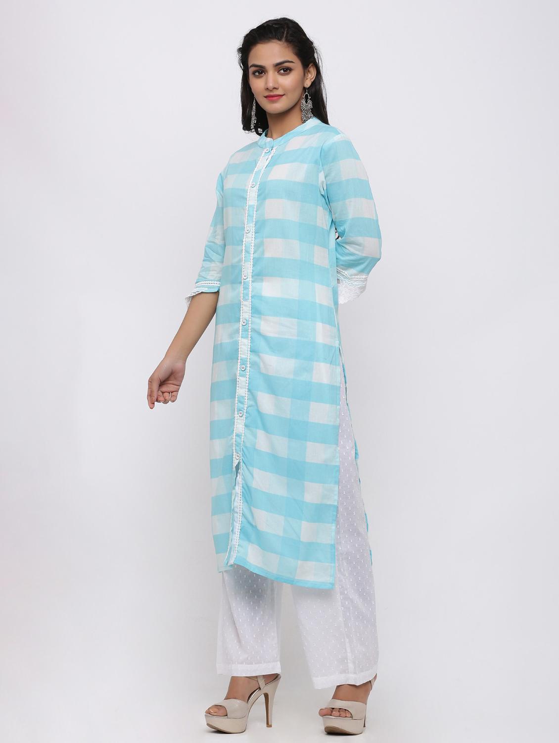 women light blue mandarin neck kurta palazzo sets - 20610947 - Standard Image - 1