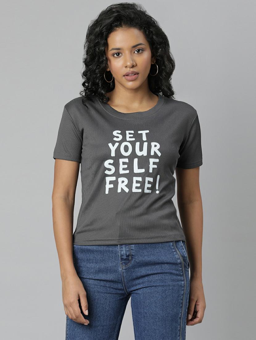 women grey typographic crop t-shirt - 20612588 - Zoom Image - 0