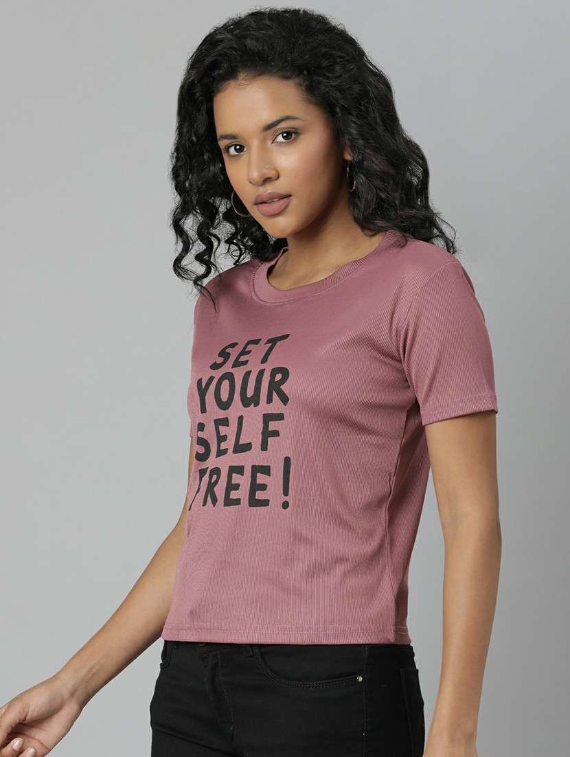 women mauve typographic crop t-shirt - 20612589 -  Standard Image - 1
