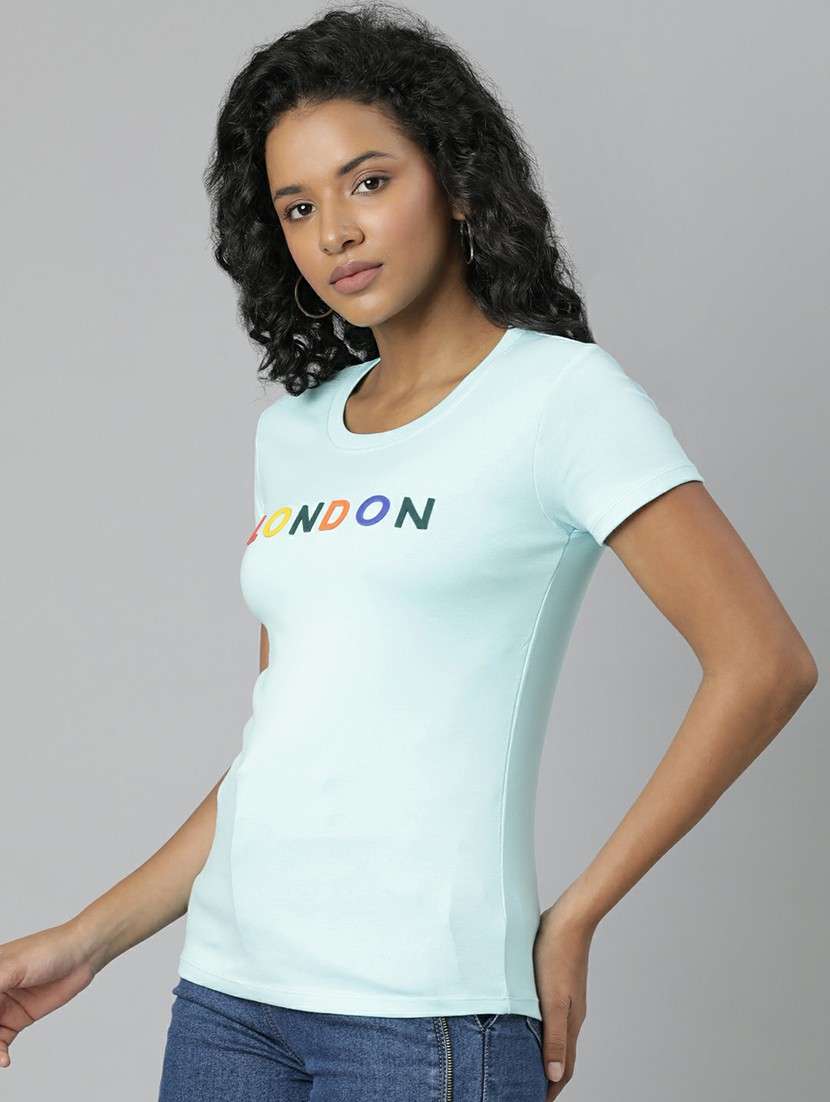 women light blue cotton chest print t-shirt - 20612596 -  Standard Image - 1