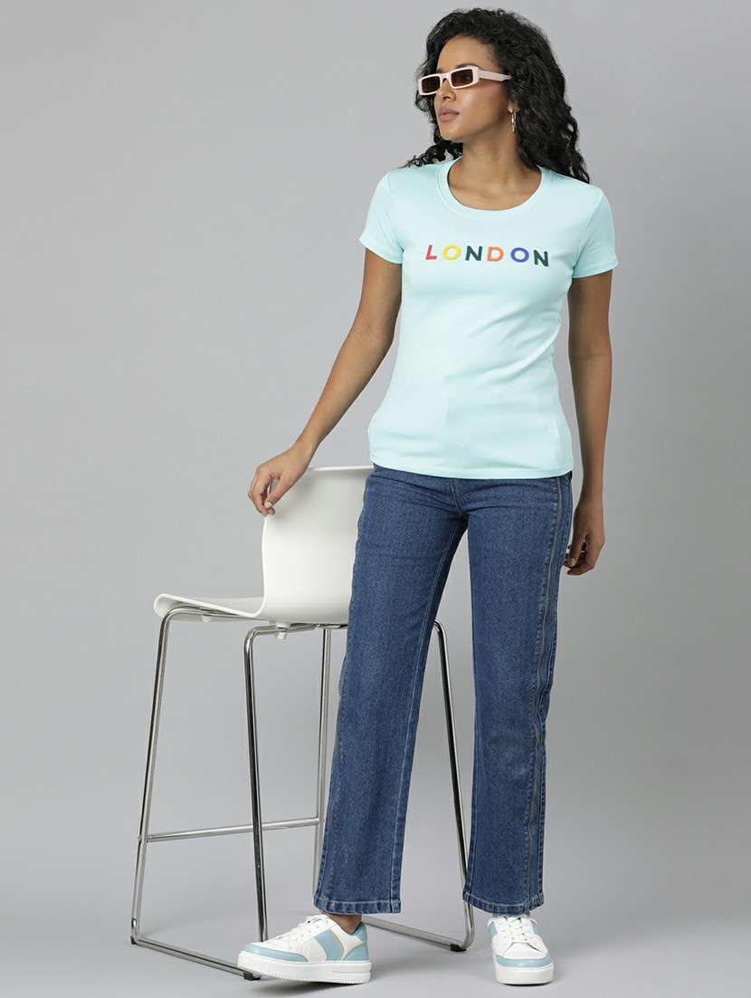 women light blue cotton chest print t-shirt - 20612596 -  Standard Image - 4