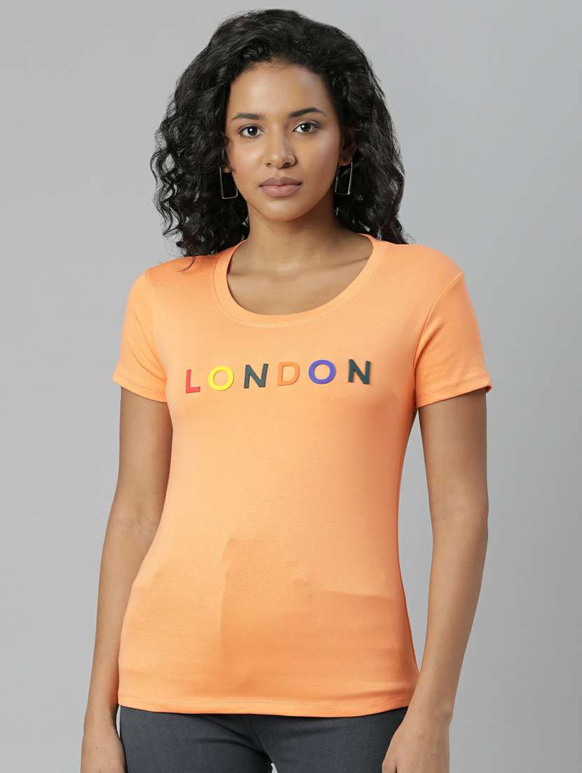 women orange cotton chest print t-shirt