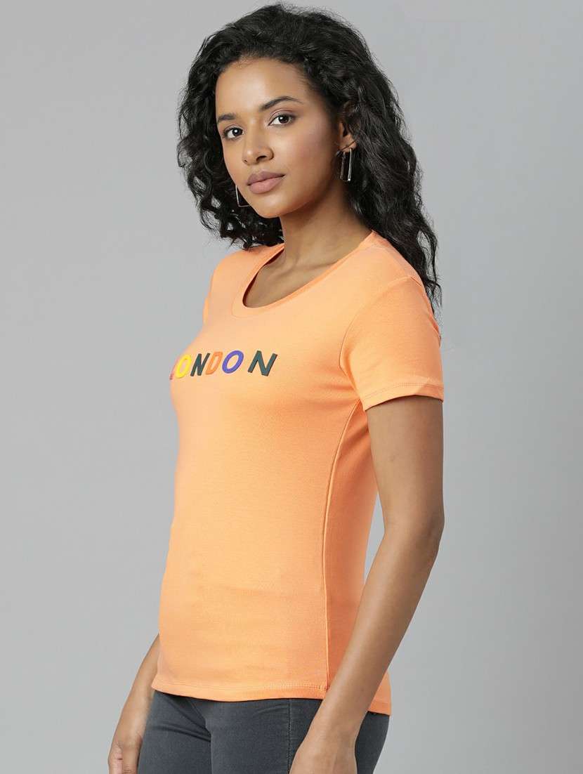 women orange cotton chest print t-shirt - 20612598 - Standard Image - 1
