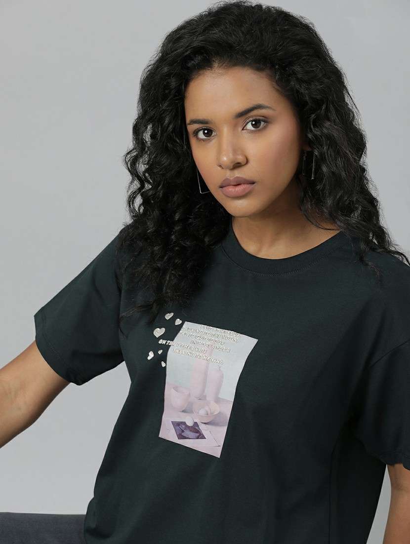Women Dark Green Graphic Boxy T Shirt